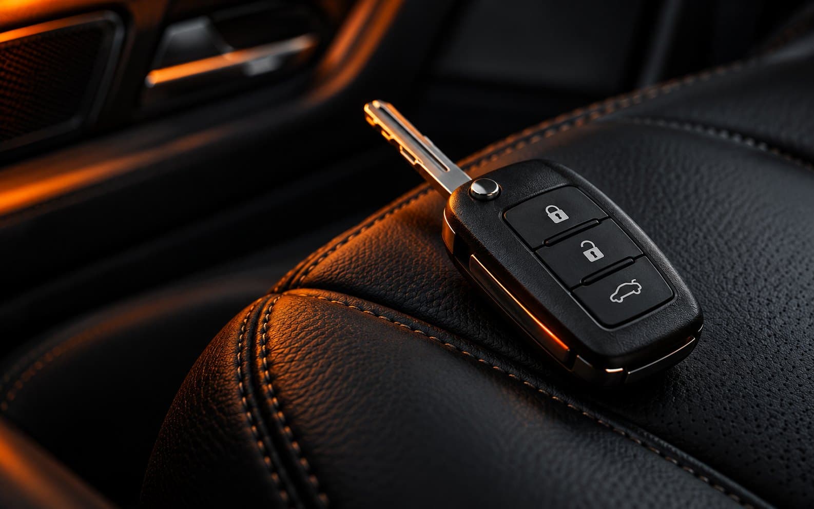 Chave de carro com controle sobre um banco de couro preto